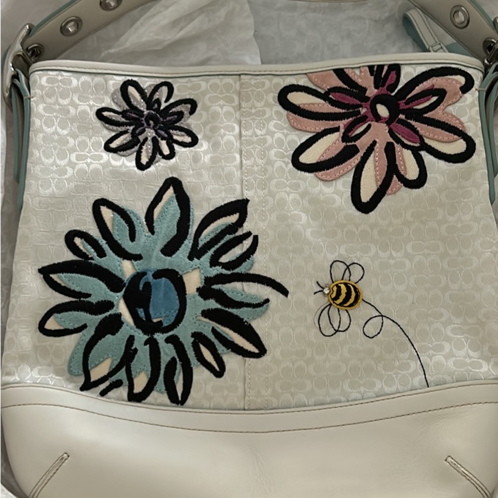 Coach White Shoulder Bag with Floral and Bee Embroidery